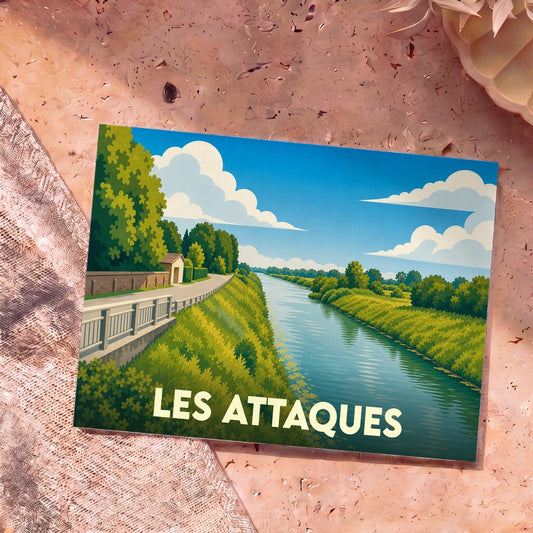 Carte postale souvenir de la ville de Les Attaques avec une illustration stylisée d'un canal bordé de verdure.