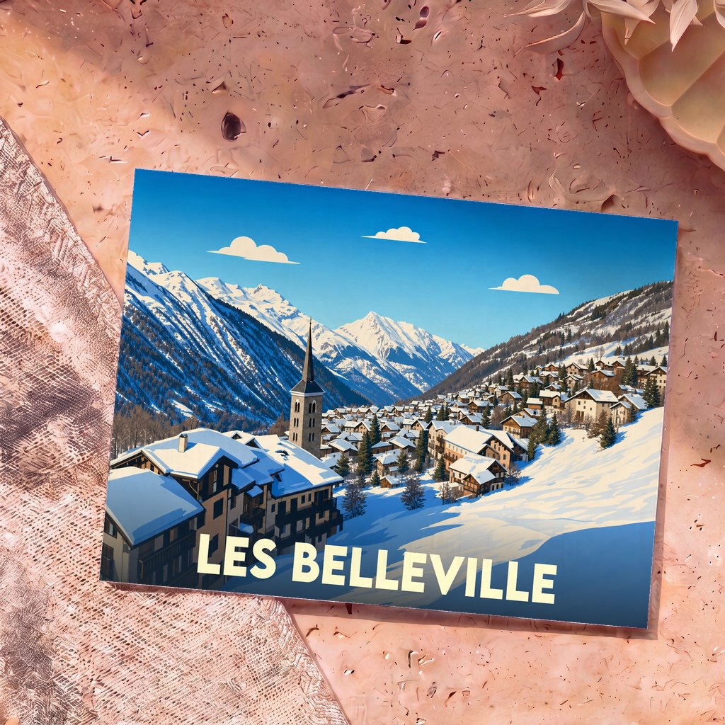 Carte postale souvenir de la ville de Les Belleville avec une illustration enneigée de style vintage.