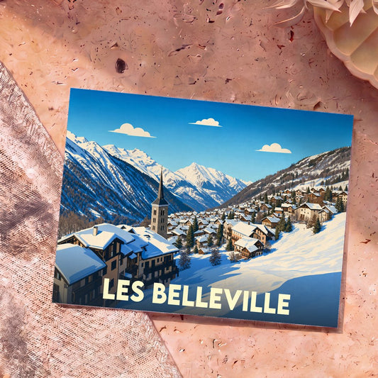 Carte postale souvenir de la ville de Les Belleville avec une illustration enneigée de style vintage.