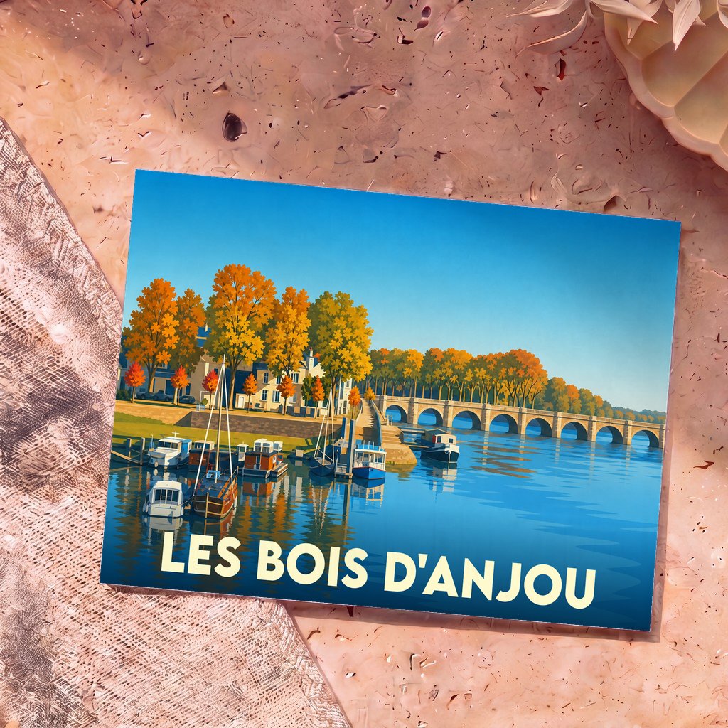 Carte postale souvenir de la commune de Les Bois d'Anjou avec une illustration stylisée d'un port fluvial et d'un pont en automne.
