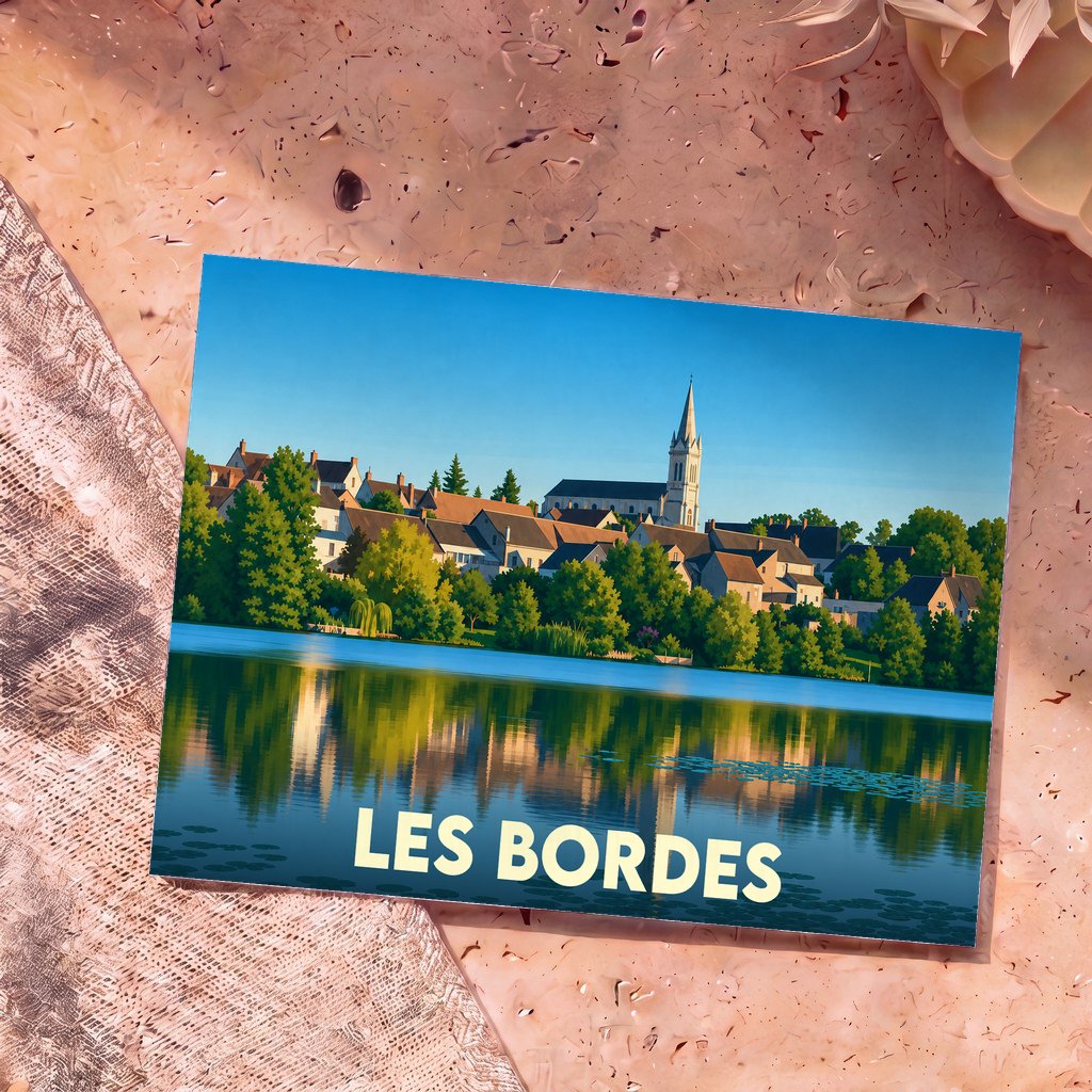 Carte postale souvenir de la ville de Les Bordes avec une illustration stylisée d'un village en bord d'eau.