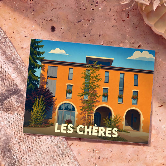 Carte postale souvenir de la commune de Les Chères avec une illustration colorée de sa mairie.