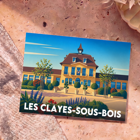 Carte postale souvenir de la ville de Les Clayes-sous-Bois avec une illustration stylisée de son hôtel de ville.