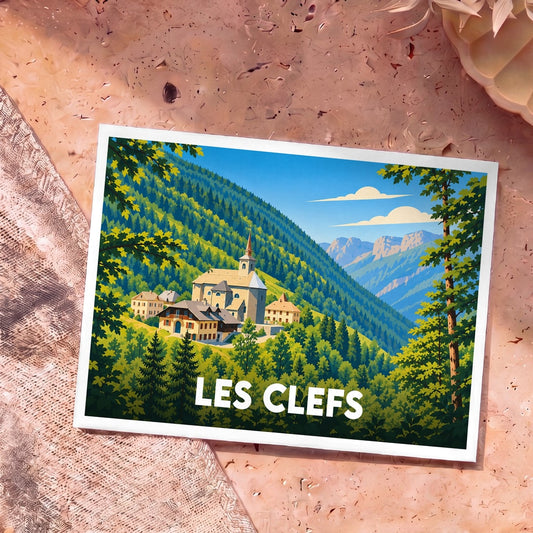 Carte postale souvenir de la ville de Les Clefs avec une illustration stylisée de son église au cœur des montagnes.