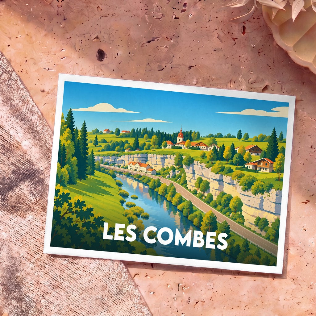 Carte postale souvenir de la ville de Les Combes avec une illustration stylisée d'un paysage de rivière et de falaises.