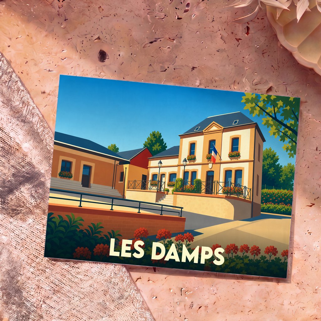 Carte postale souvenir de la ville de Les Damps avec une illustration stylisée de sa mairie.