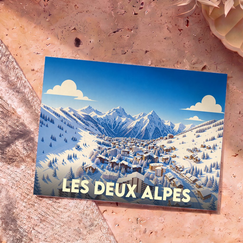 Carte postale souvenir de la ville de Les Deux Alpes illustrant une station de ski enneigée.