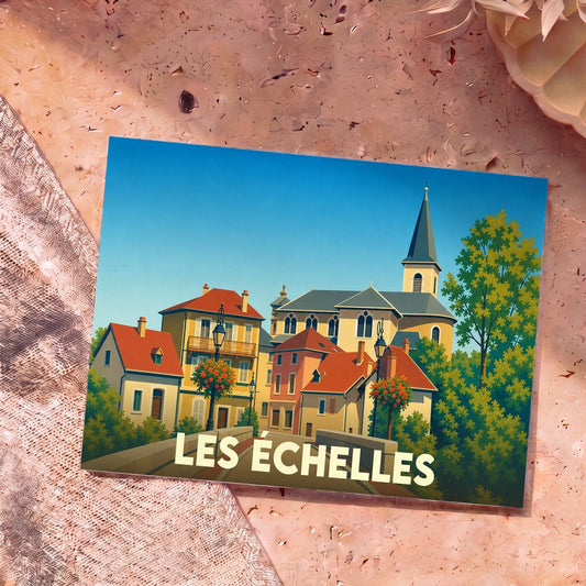 Carte postale souvenir de la ville de Les Échelles illustrant son architecture traditionnelle dans un style vintage coloré.