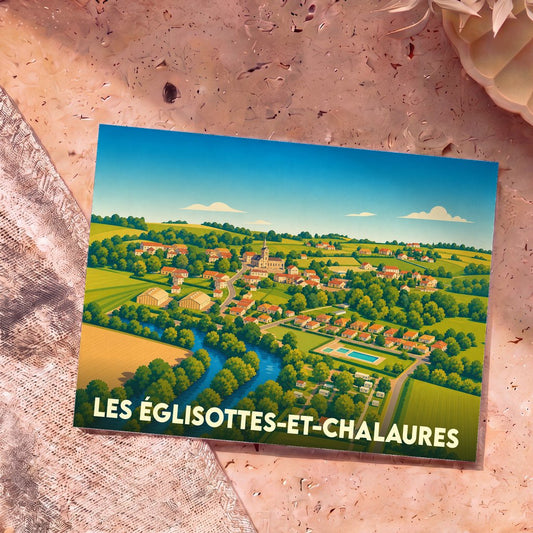 Carte postale souvenir de la ville de Les Églisottes-et-Chalaures avec une illustration stylisée.