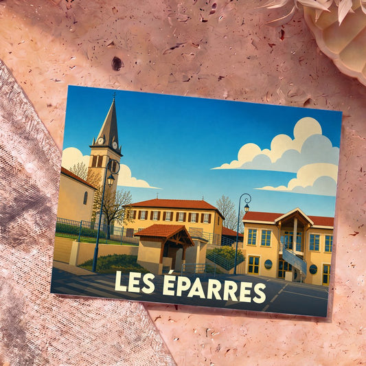 Carte postale souvenir de la ville de Les Éparres avec une illustration stylisée de son église et de ses bâtiments.