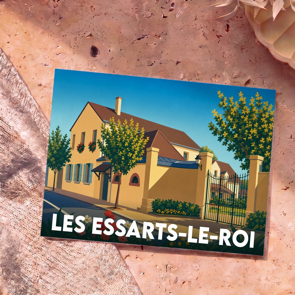 Carte postale souvenir de la ville de Les Essarts-le-Roi avec une illustration stylisée d'une demeure traditionnelle.