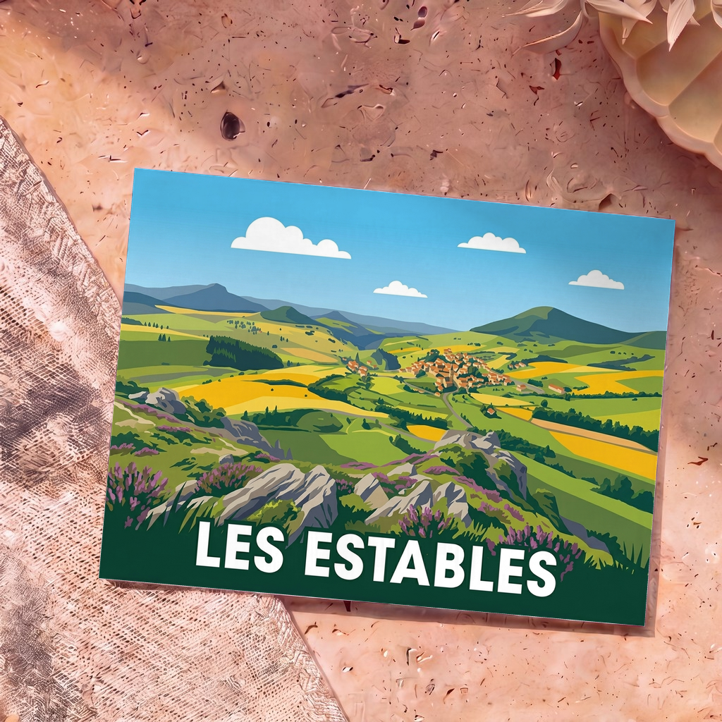 Carte postale souvenir de la ville de Les Estables avec une illustration stylisée de ses paysages vallonnés.