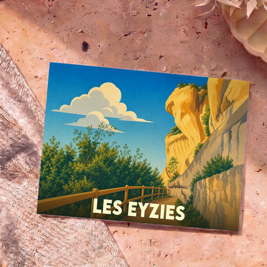 Carte postale souvenir de la ville de Les Eyzies avec une illustration stylisée de ses célèbres falaises.