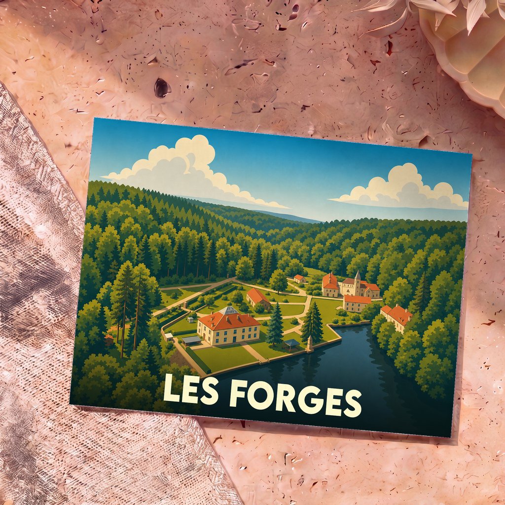 Carte postale souvenir de la ville de Les Forges avec une illustration stylisée représentant un village niché dans une vallée verdoyante.