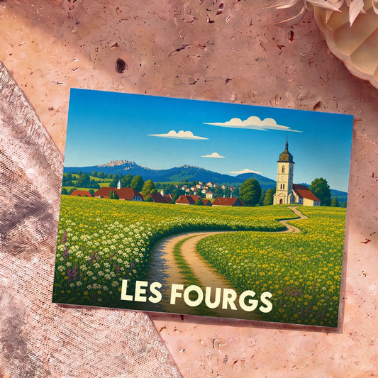 Carte postale souvenir de la ville de Les Fourgs avec une illustration stylisée d'un village de montagne et ses champs de fleurs.