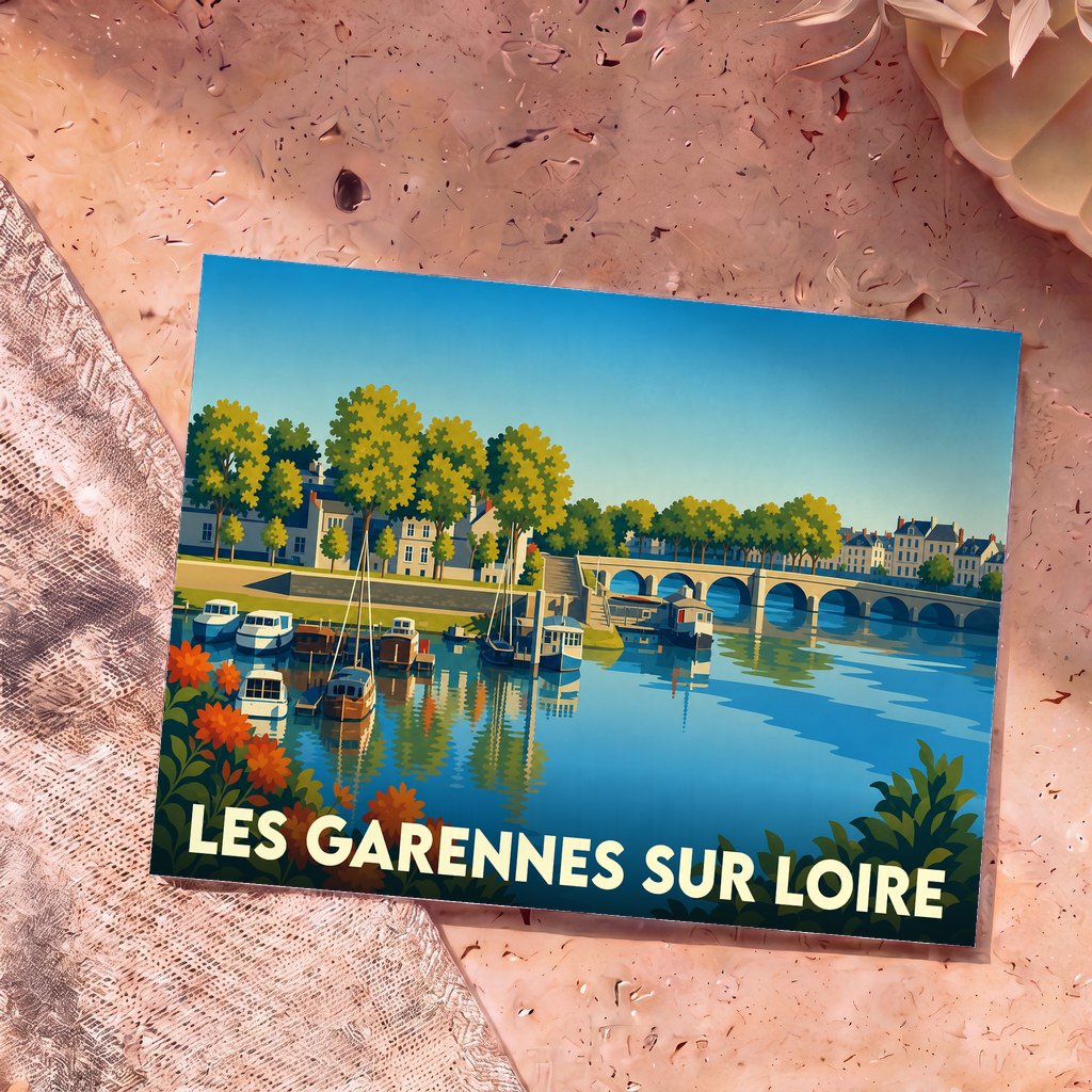 Carte postale souvenir de la ville de Les Garennes sur Loire avec une illustration stylisée des bords de Loire.