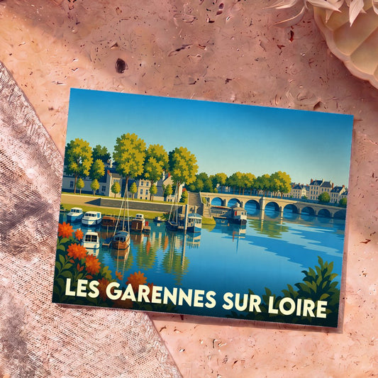 Carte postale souvenir de la ville de Les Garennes sur Loire avec une illustration stylisée des bords de Loire.