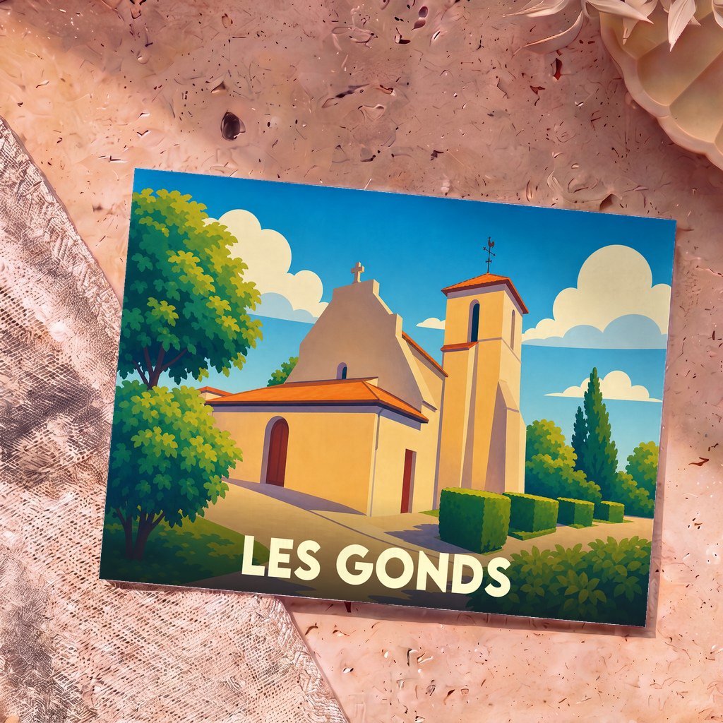 Carte postale souvenir de la ville de Les Gonds avec une illustration stylisée de son église sous un ciel azur.