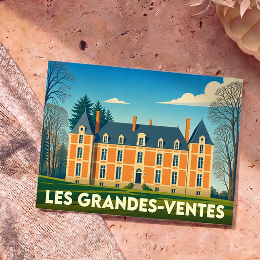 Carte postale souvenir de la ville de Les Grandes-Ventes avec une illustration stylisée d'un château.