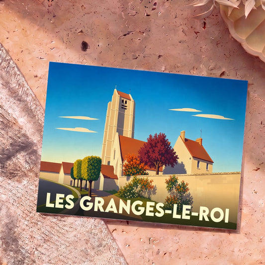 Carte postale souvenir de la ville de Les Granges-le-Roi avec une illustration stylisée de son église et de ses paysages.