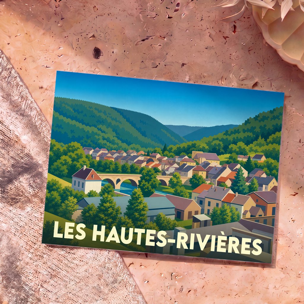 Carte postale souvenir de la ville de Les Hautes-Rivières arborant une illustration stylisée et colorée de la commune.