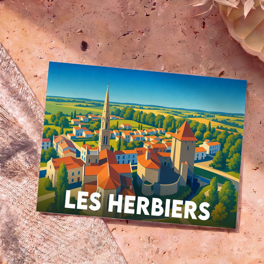 Carte postale souvenir de la ville de Les Herbiers avec une illustration stylisée d'un panorama urbain.