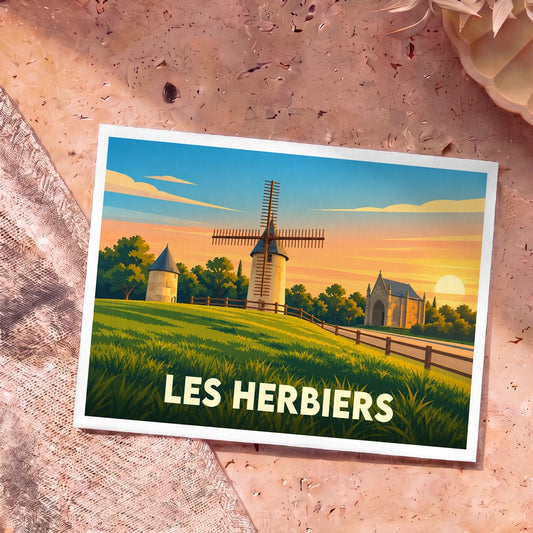 Carte postale souvenir de la ville de Les Herbiers avec une illustration stylisée d'un moulin au coucher du soleil.
