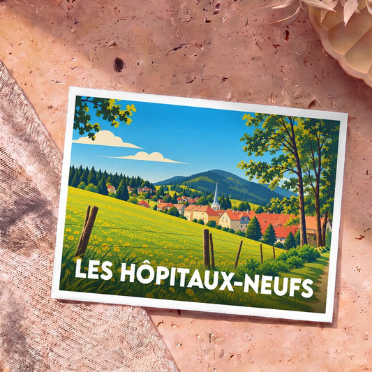 Carte postale souvenir de la ville de Les Hôpitaux-Neufs avec une illustration stylisée de son paysage vallonné.