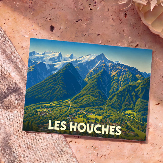 Carte postale souvenir de la ville de Les Houches avec une illustration stylisée de montagnes enneigées dominant la vallée.
