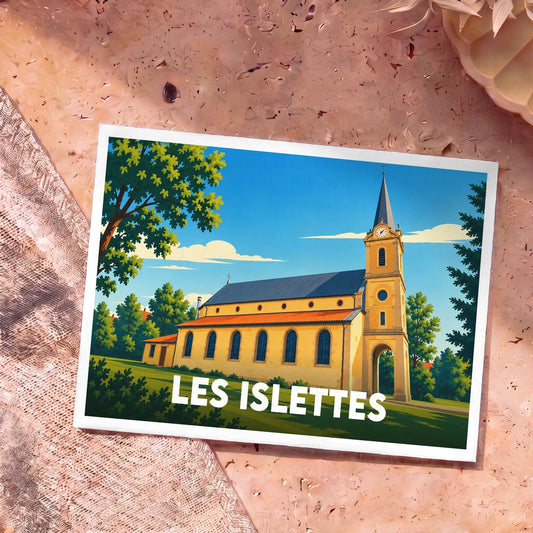 Carte postale souvenir de la ville de Les Islettes avec une illustration stylisée de son église.