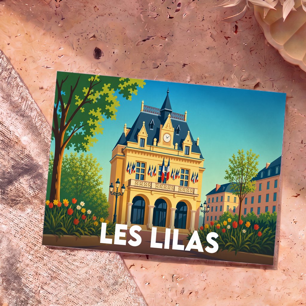 Carte postale souvenir de la ville de Les Lilas illustrant son hôtel de ville dans un style graphique et coloré.