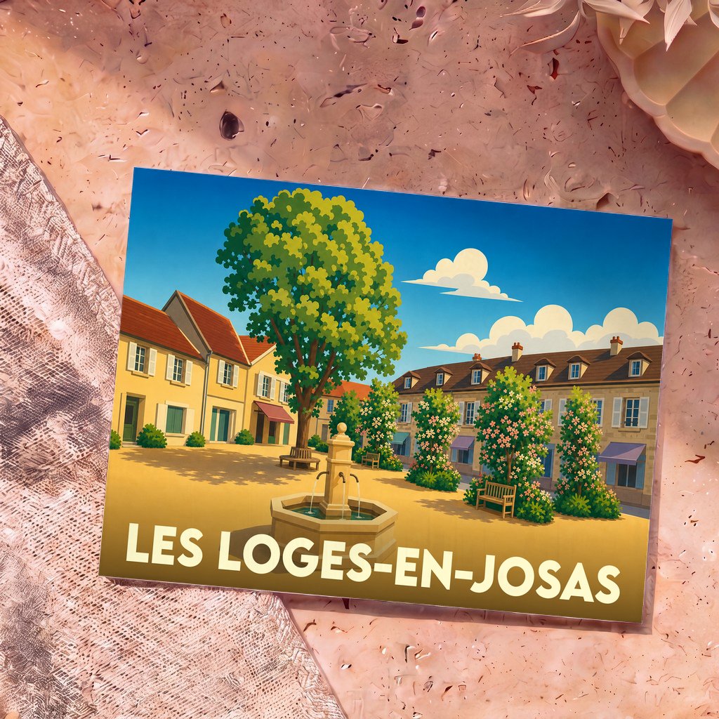 Carte postale souvenir de la ville de Les Loges-en-Josas avec une illustration stylisée de sa place ensoleillée.