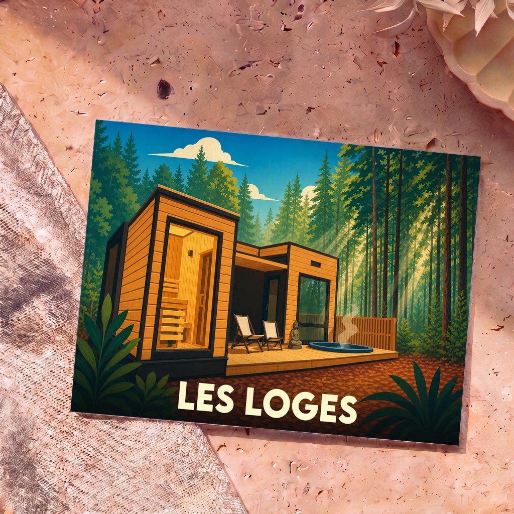 Carte postale souvenir de la ville de Les Loges avec une illustration stylisée d'un hébergement moderne en forêt.