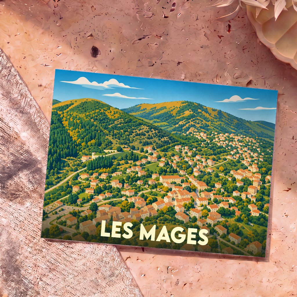 Carte postale souvenir de la ville de Les Mages avec une illustration stylisée de son paysage vallonné.