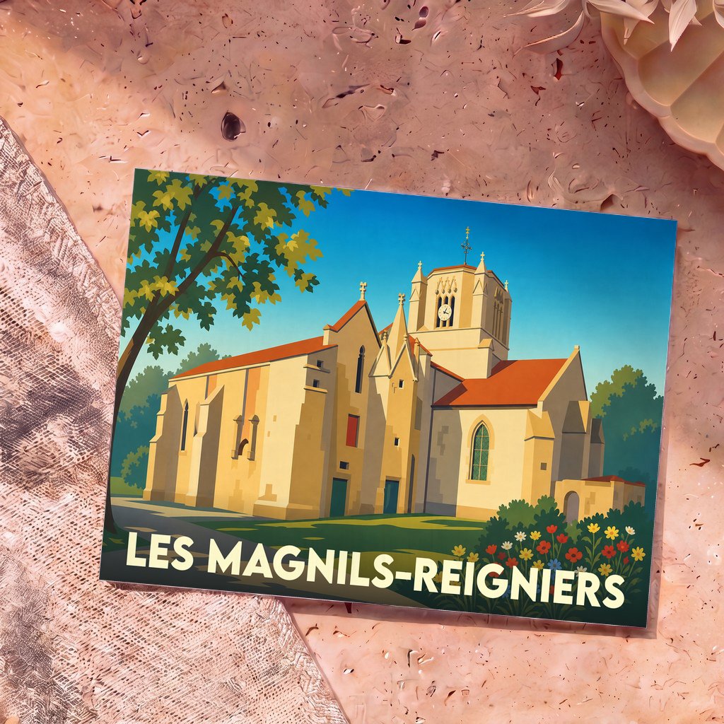 Carte postale souvenir de la ville de Les Magnils-Reigniers avec une illustration stylisée de son église sous un ciel bleu.