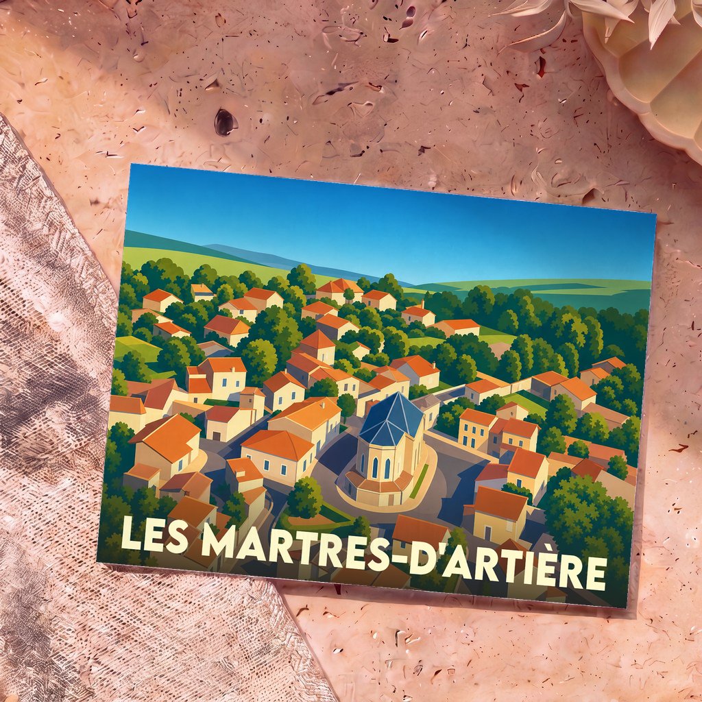 Carte postale souvenir de la ville de Les Martres-d'Artière avec une illustration stylisée d'une vue aérienne du village.