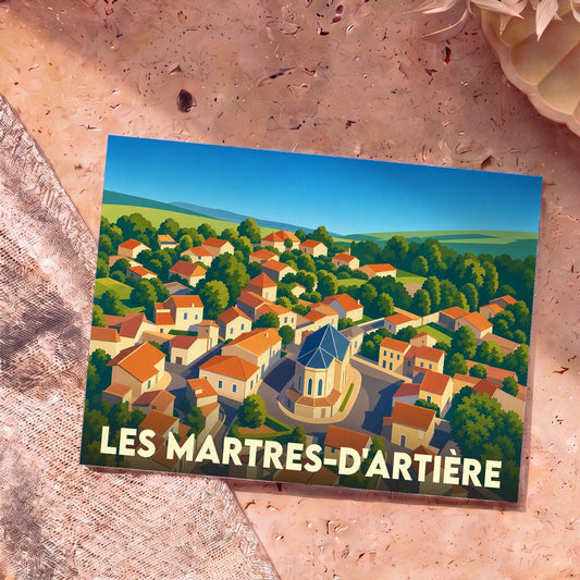 Carte postale souvenir de la ville de Les Martres-d'Artière avec une illustration stylisée d'une vue aérienne du village.