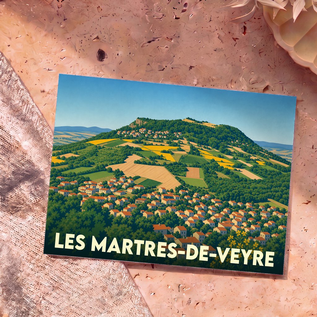 Carte postale souvenir de la ville de Les Martres-de-Veyre avec une illustration stylisée et colorée de ses paysages vallonnés.