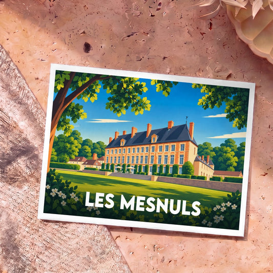 Carte postale souvenir de la ville de Les Mesnuls avec une illustration stylisée de son château.