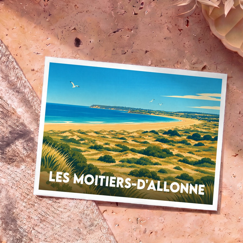 Carte postale souvenir de la ville de Les Moitiers-d'Allonne avec une illustration stylisée de son paysage littoral et ses dunes.