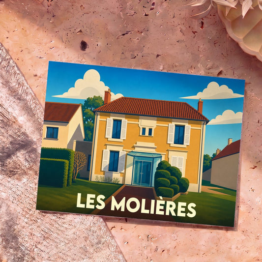 Carte postale souvenir de la ville de Les Molières illustrant une maison typique dans un style graphique épuré.