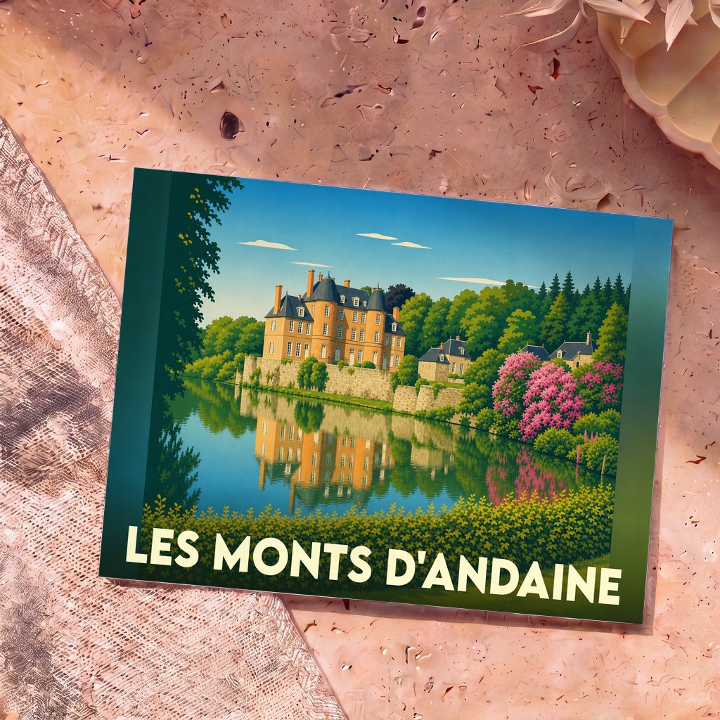 Carte postale souvenir de la ville de Les Monts d'Andaine illustrant un château et son reflet sur l'eau.