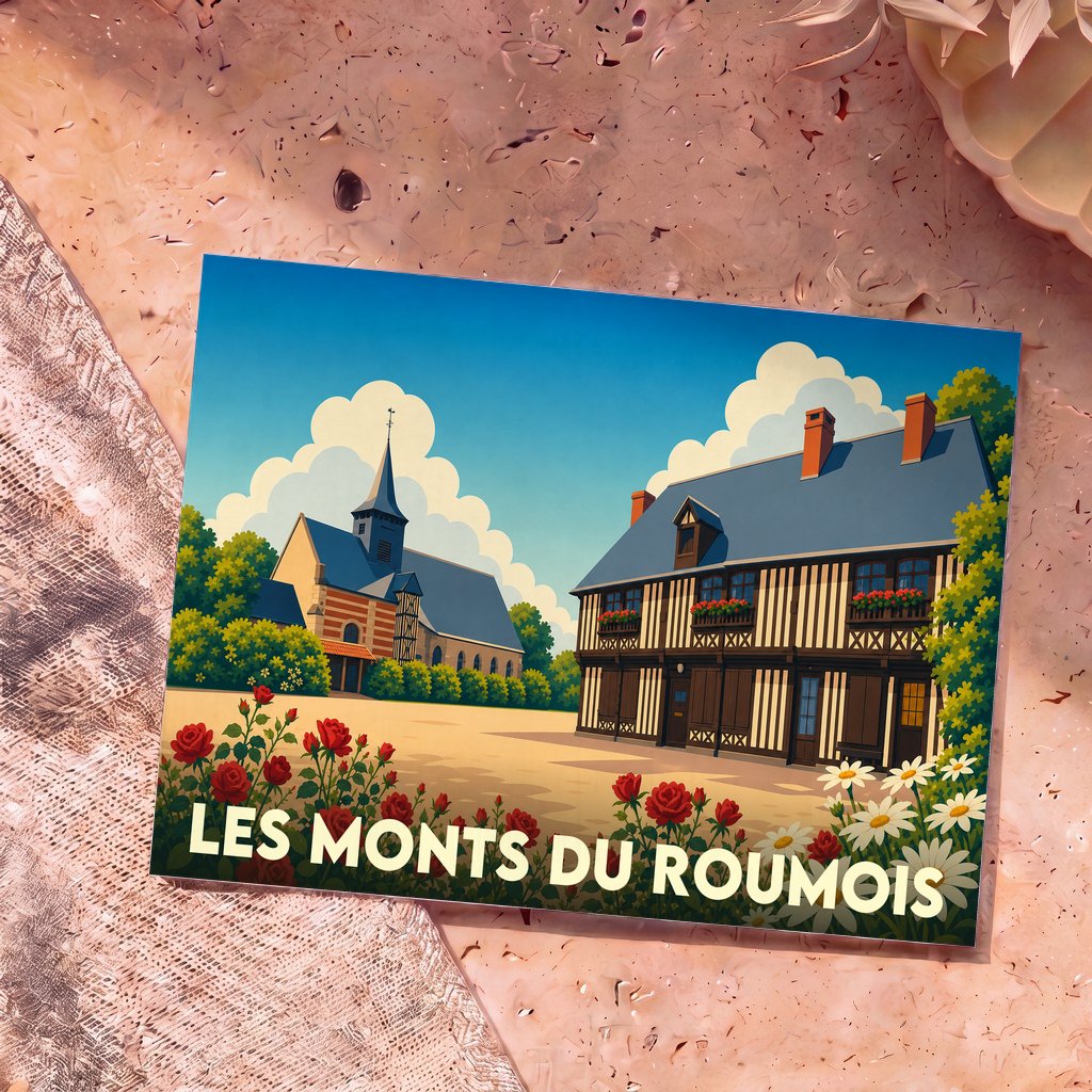 Carte postale souvenir de la ville de Les Monts du Roumois avec une illustration stylisée d'un village normand fleuri.