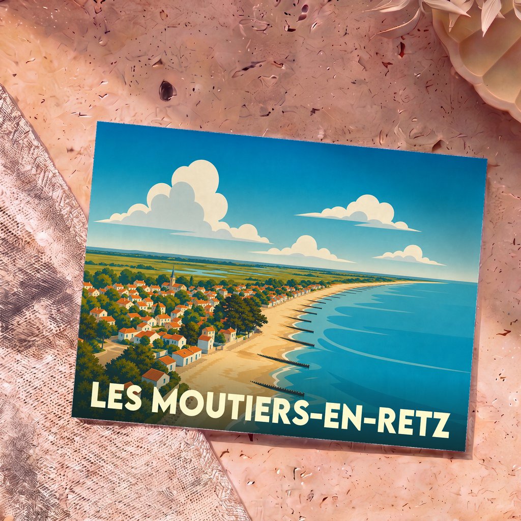 Carte postale souvenir de la ville de Les Moutiers-en-Retz avec une illustration stylisée de son littoral et de son village.