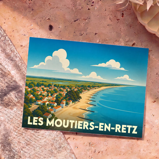 Carte postale souvenir de la ville de Les Moutiers-en-Retz avec une illustration stylisée de son littoral et de son village.
