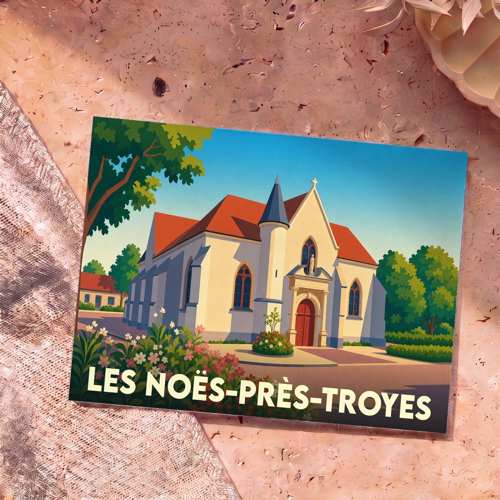 Carte postale souvenir de la ville de Les Noës-près-Troyes avec une illustration stylisée de son église.