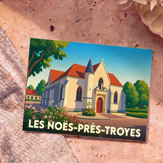 Carte postale souvenir de la ville de Les Noës-près-Troyes avec une illustration stylisée de son église.
