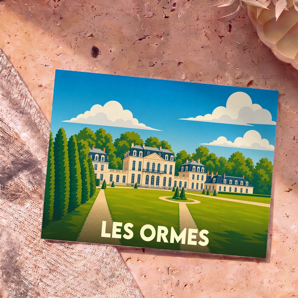 Carte postale souvenir de la ville de Les Ormes avec une illustration stylisée de son château et de ses jardins.