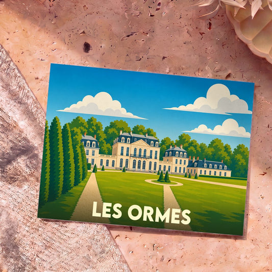Carte postale souvenir de la ville de Les Ormes avec une illustration stylisée de son château et de ses jardins.
