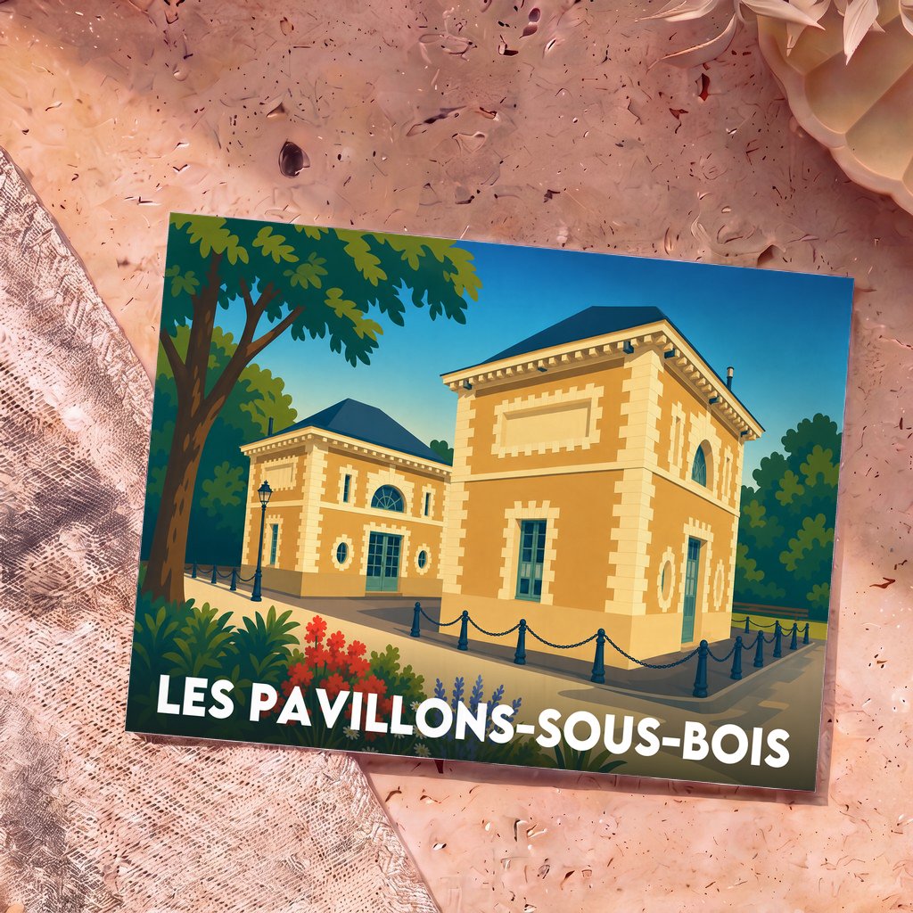 Carte postale souvenir de la ville de Les Pavillons-sous-Bois illustrant deux pavillons historiques dans un style rétro coloré.